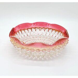 Indiana Crystal Diamond Point Ruby Bowl with Ruffled Edge, Decor, Candy/Nut Dish